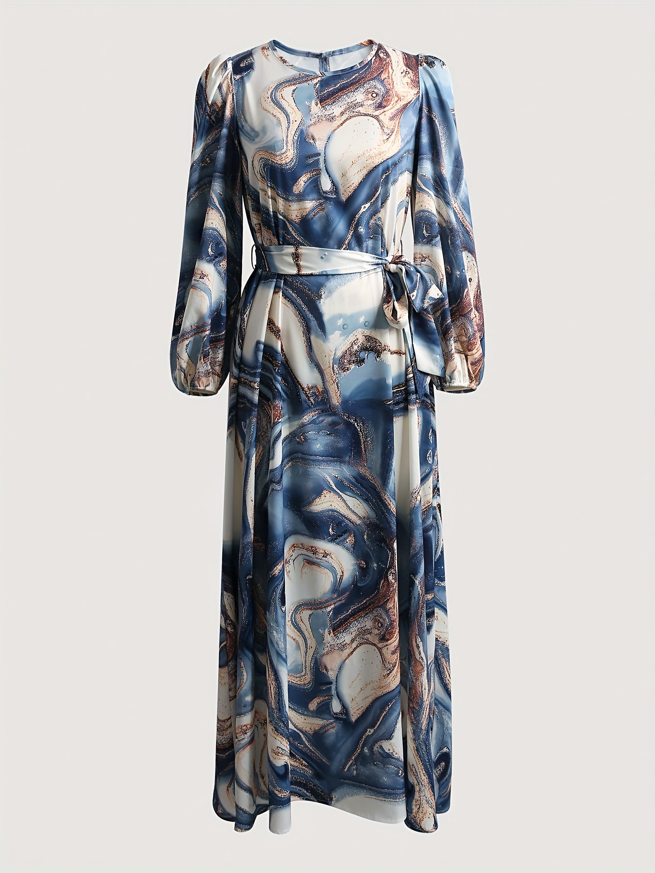 Vibrant Middle Eastern Inspired Print Long Dress - Dresses for Women - Polyester Woven Fabric, Round Neck, A-Line Skirt, Color Block Design, Comfortable and Stylish for All Seasons and Occasions