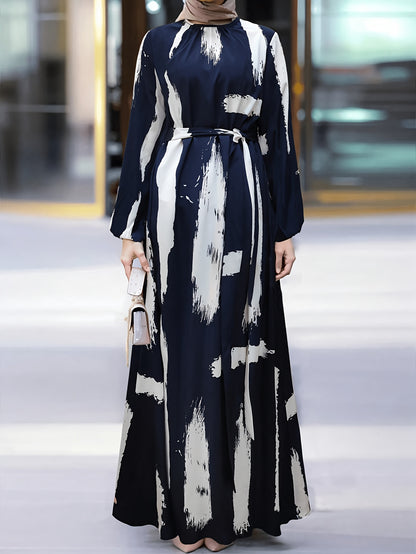 Women's Turkish Kaftan Dress - Navy & White Abstract Print Long Sleeve Midi Dress with Stand-Up Collar & Adjustable Waist Belt, Machine Washable All-Season Traditional Elegance for Casual or Formal Occasions