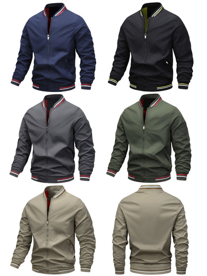 1pc, Spring And Fall Men's Striped Sports Fashion Jacket, Baseball Collar Zip Up Casual Jacket For Mountaineering And Daily Outings