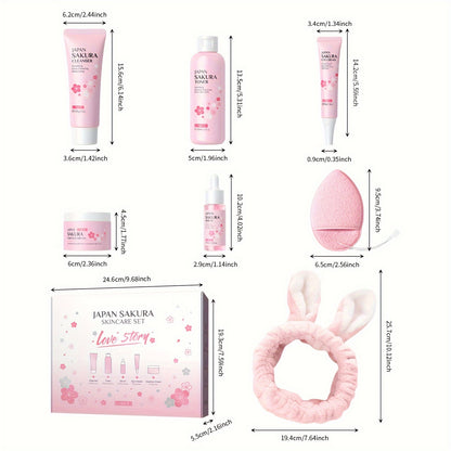 【7pcs Skin Care Set: Toner 5.41oz; Essence 1.01oz; Facial Cleanser 100g; Face Cream 50g; Eye Cream 30g; Hairband; Cleansing Sponge】LAIKOU JAPAN SAKURA SKINCARE SET With Hairband And Cleansing Sponge