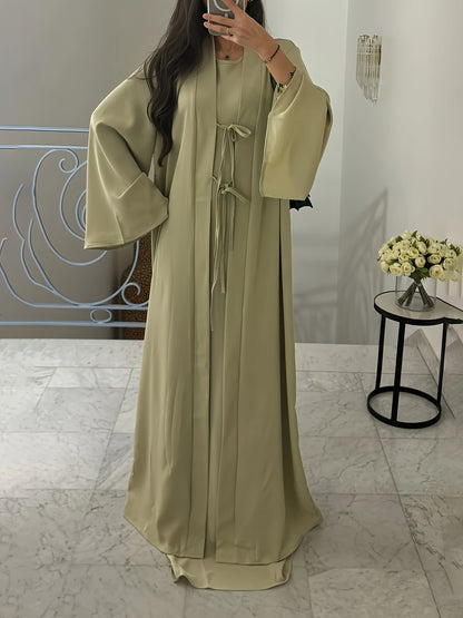 Chic Dress and Tie-Neck Cardigan Two-Piece Set