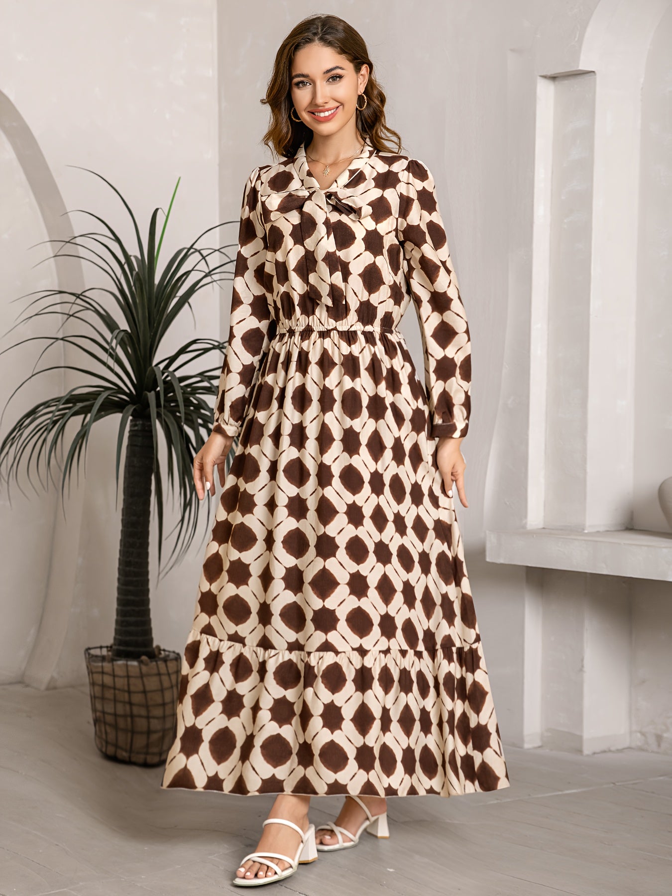 2025 Autumn New Women'S Elegant Geometric Print Maxi Dress - Long Sleeve, Bow Tie Neckline, Adjustable Cuffs, Waist Cincher, Flowy A-Line Skirt for Casual Outings, Dates & Holidays, Casual Outing Attire | Geometric Pattern Dr
