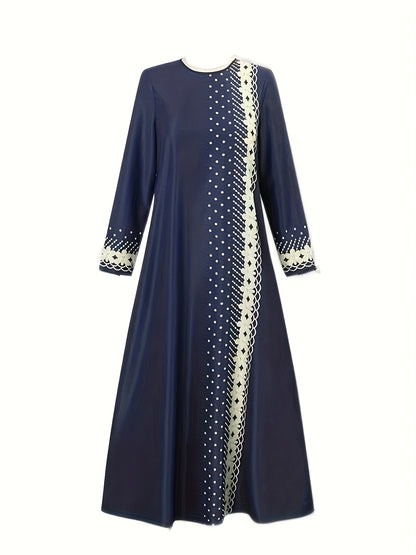 Elegant Women'S Digital Print Kaftan Dress - Navy Blue with Golden Accents, Long Sleeve, Loose Fit, Round Neck, All-Season Wear, Cultural Attire|Elegant Long Dress|Digital Print Dress