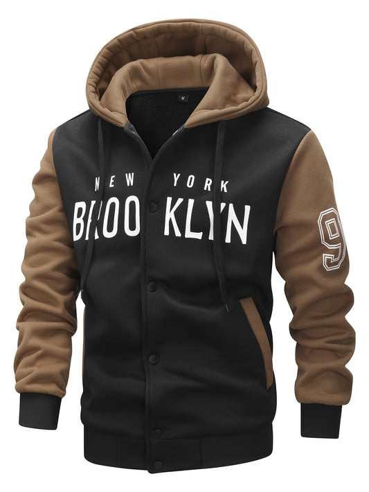 Men'S New Fall/Winter Casual Printed Hooded Baseball Jacket, Knitted Fabric, Regular Fit, Long Sleeve, Letter Pattern, Pocket, Single Button Closure, Daily & Leisure Wear