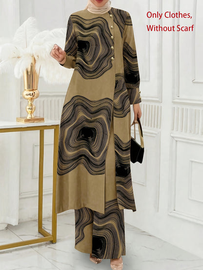 Ramadan, Women Button-Decorated Solid Color Long Sleeve Top & Pants Set, Arabic Style Clothing, Only Clothes, Without Headscarf