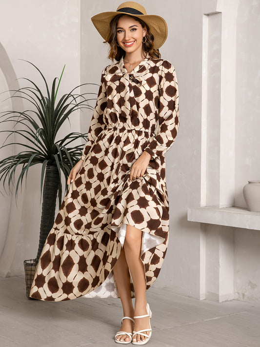 2025 Autumn New Women'S Elegant Geometric Print Maxi Dress - Long Sleeve, Bow Tie Neckline, Adjustable Cuffs, Waist Cincher, Flowy A-Line Skirt for Casual Outings, Dates & Holidays, Casual Outing Attire | Geometric Pattern Dr