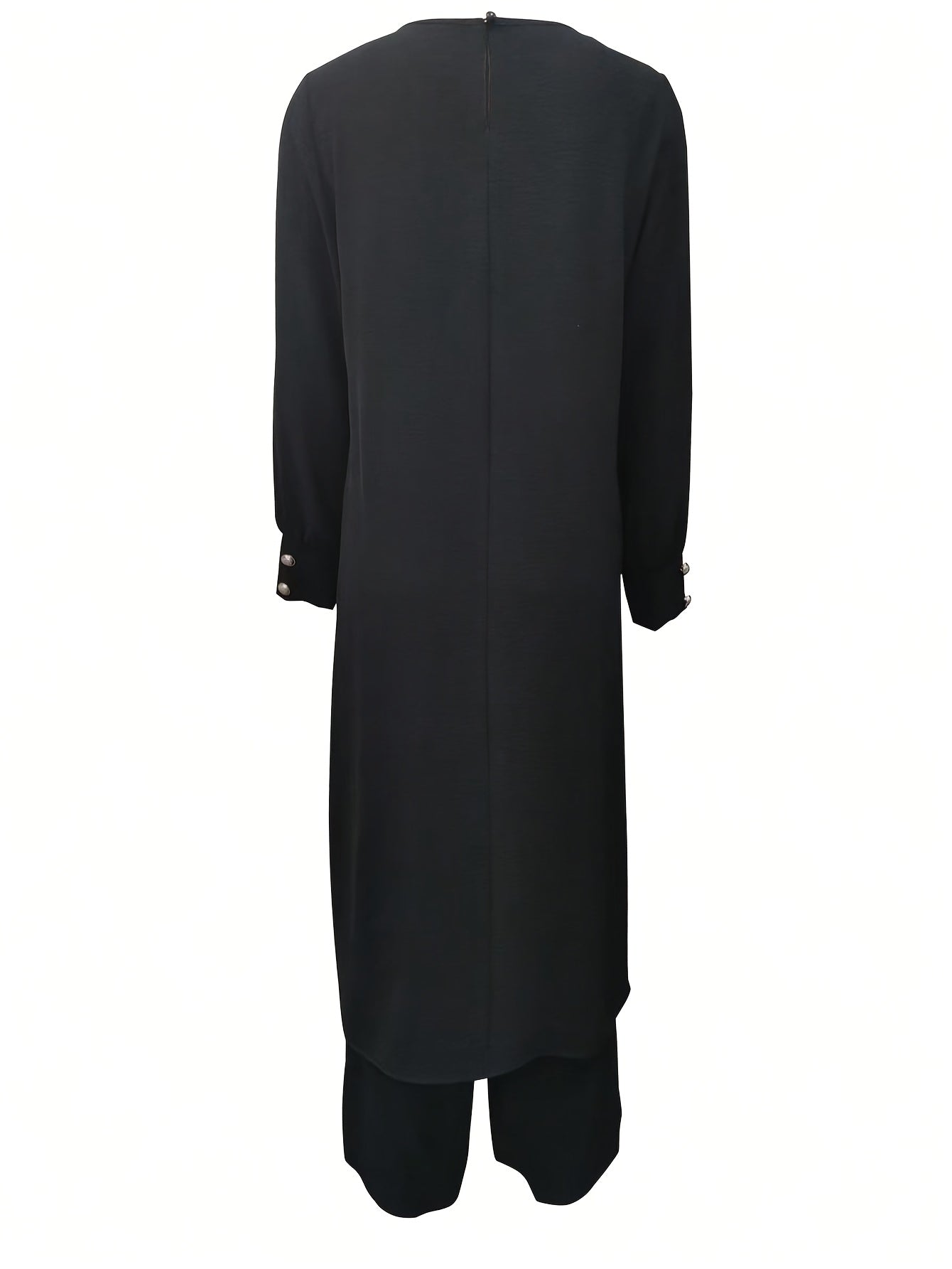 Ramadan Women'S Solid Color Button Design Long Sleeve Top and Pants Set, Arabic Style, Polyester, with Faux Button Detail, for All Seasons