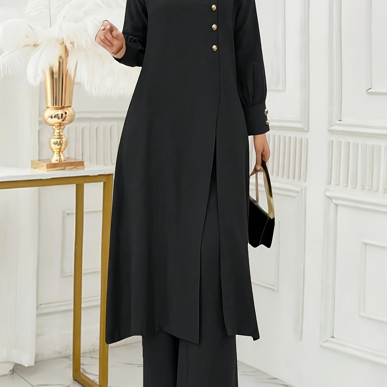 Ramadan Women'S Solid Color Button Design Long Sleeve Top and Pants Set, Arabic Style, Polyester, with Faux Button Detail, for All Seasons