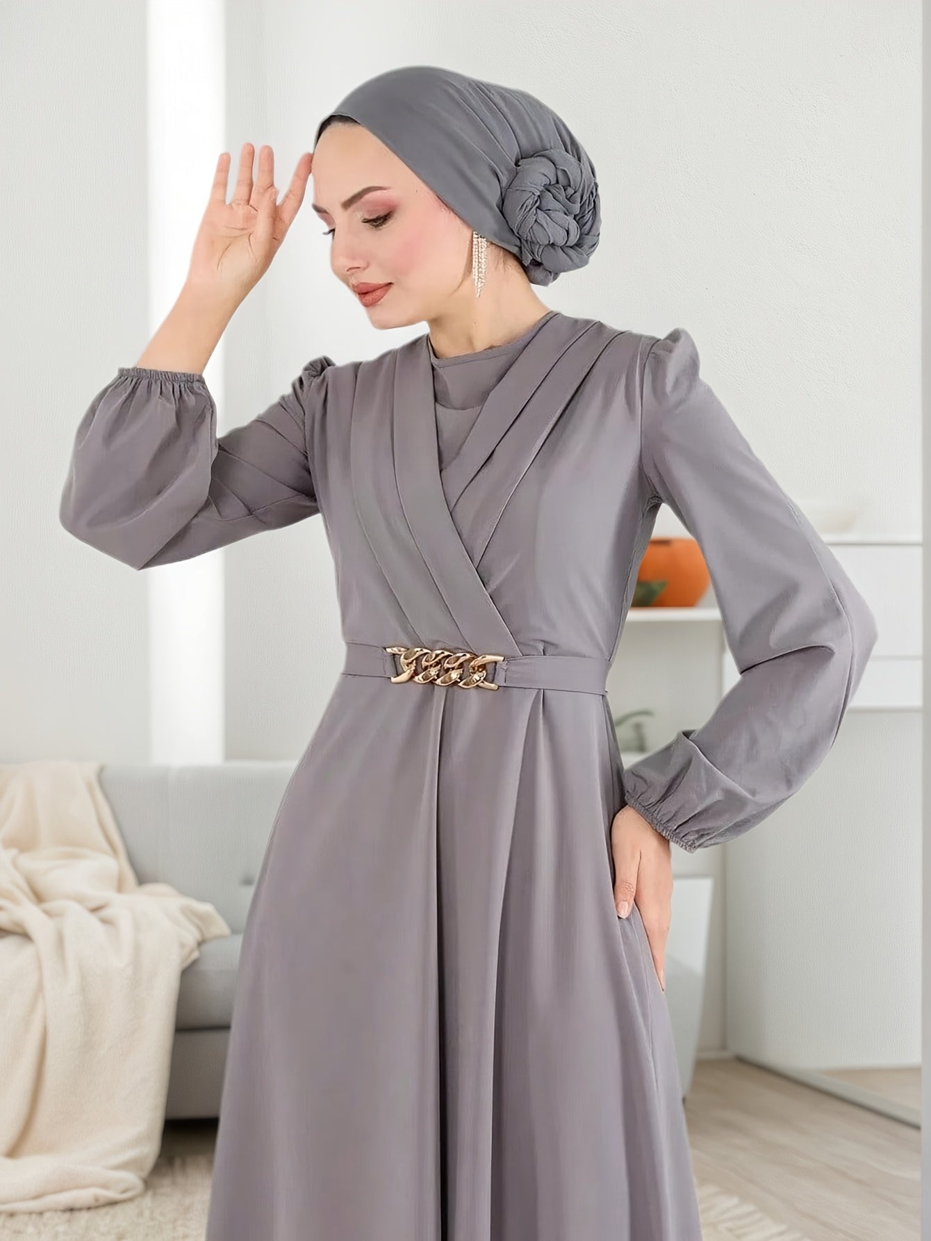 Modest Women's Elegant Traditional Arabic Jalabiya Abaya Dress with Lantern Sleeves & Adjustable Belt - Long Flowing Floor-Length Robe, Round Neck, Loose Fit, Machine Washable, All-Season Wear for Muslim Women, Casual & Forma