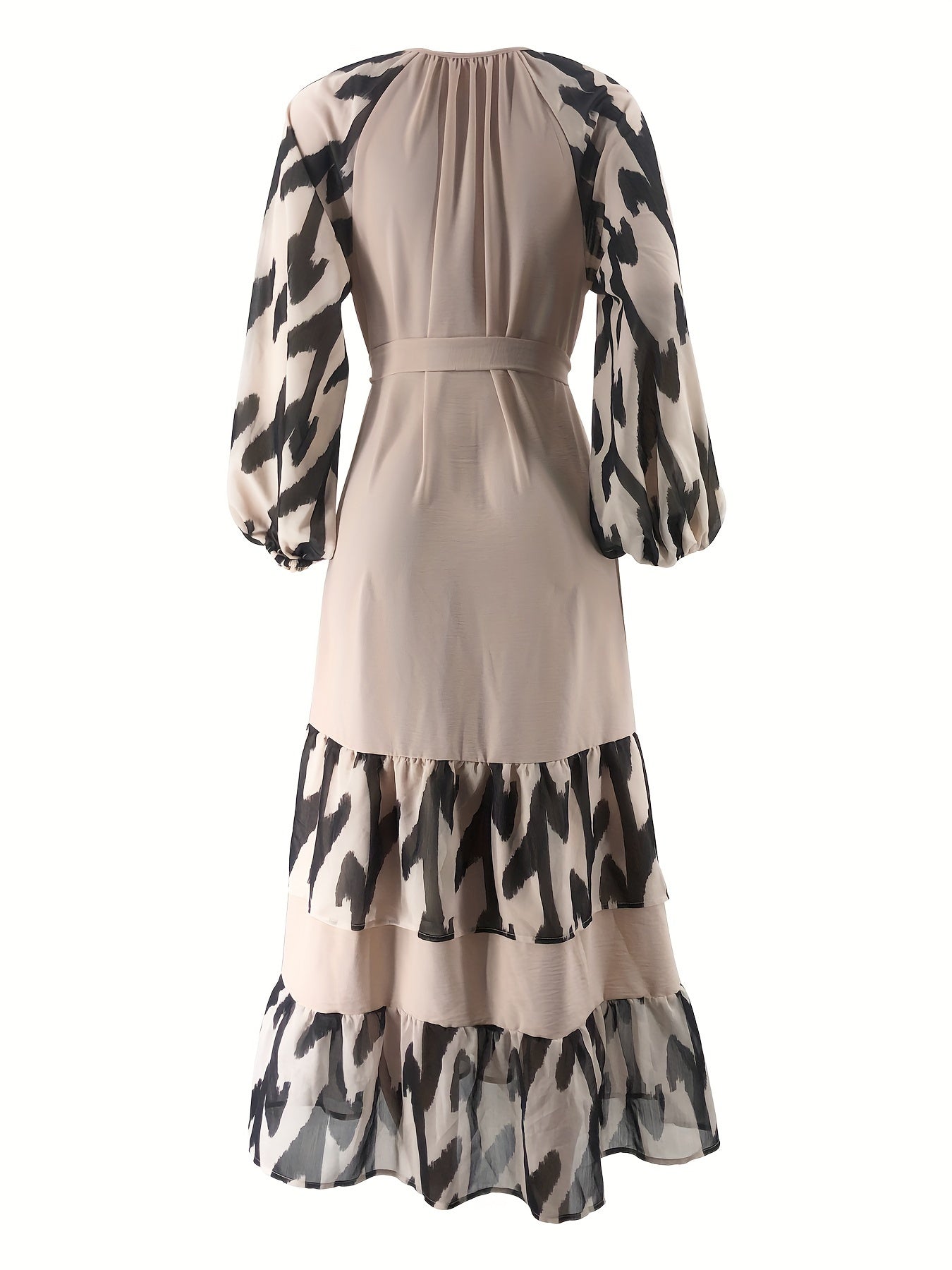 Elegant Women's Long Dress with Belt - Color Block, Lantern Sleeves, Ruffle Hem, Machine Washable - Perfect for Ramadan & Casual Attire