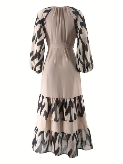 Elegant Women's Long Dress with Belt - Color Block, Lantern Sleeves, Ruffle Hem, Machine Washable - Perfect for Ramadan & Casual Attire