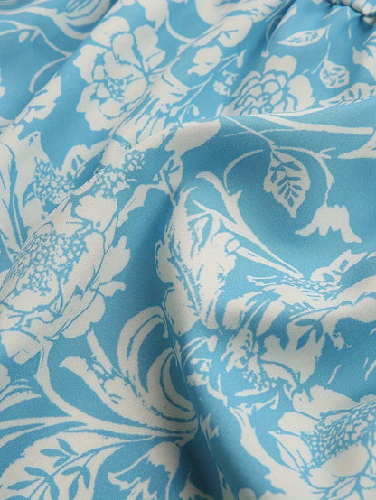 Floral Print Long Dress with Round Neck and Tie Detail - Woven Polyester, Adult Fit, All-Season Straight Dress