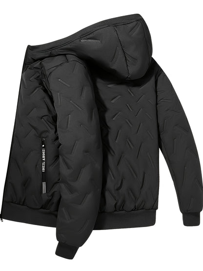 Men'S Heavy-Duty Winter Jacket - Thermal Insulated Cold Weather Coat with Full-Zip Closure, Hooded Collar, Polyester Lining - Black Outerwear for Business, Casual, Outdoor - Easy-Care Non-Stretch Fabric - Fall/Winter Jacket f