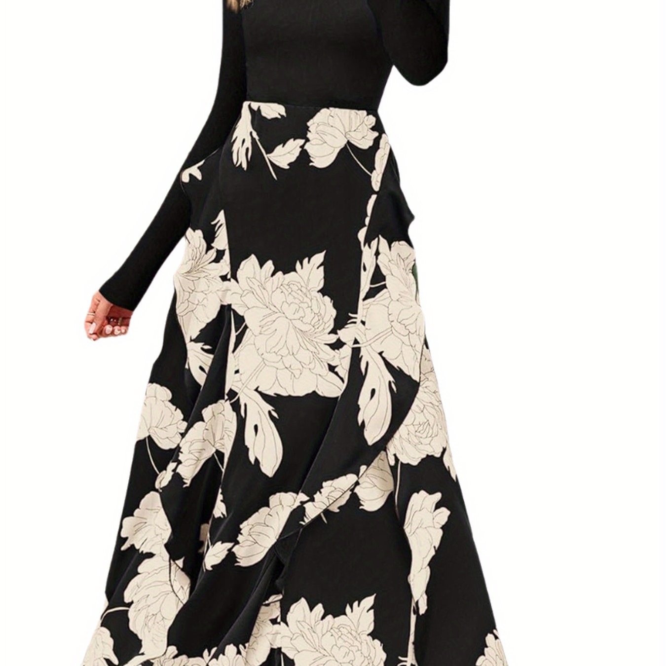 Women Fall Fashion Floral Long Dress, Crew neck Long Sleeve Ruffle Dress, Wedding Party Elegant Dress