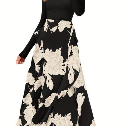Women Fall Fashion Floral Long Dress, Crew neck Long Sleeve Ruffle Dress, Wedding Party Elegant Dress