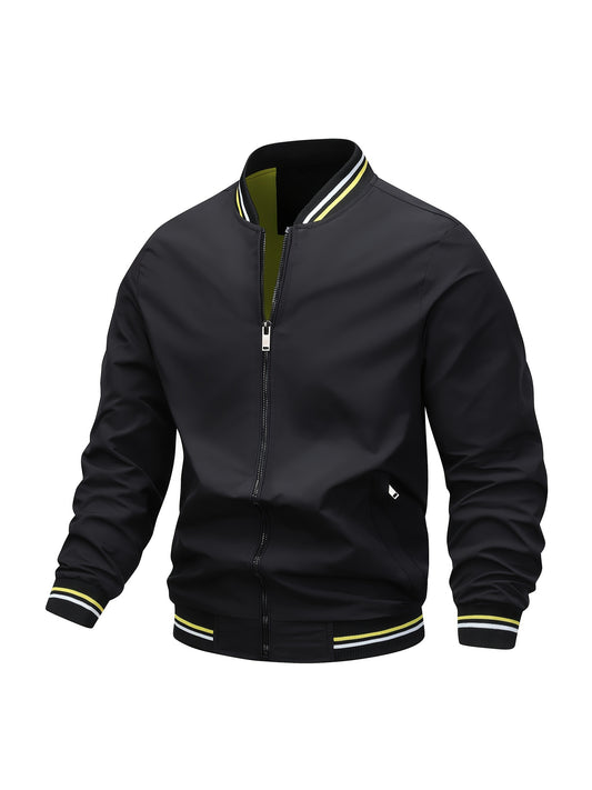 1pc, Spring And Fall Men's Striped Sports Fashion Jacket, Baseball Collar Zip Up Casual Jacket For Mountaineering And Daily Outings