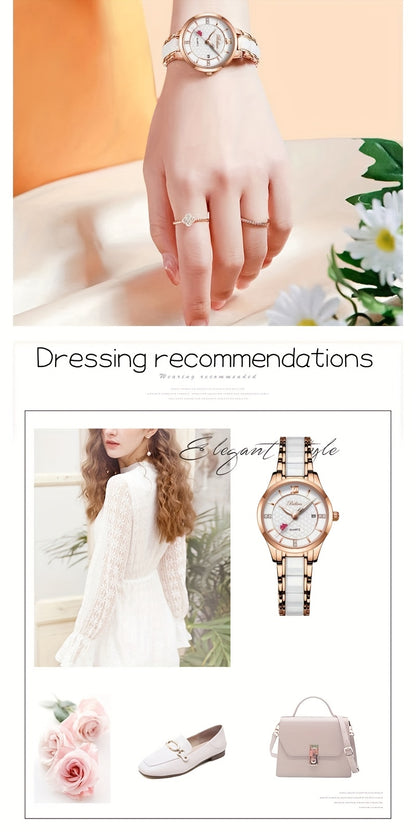 Luxury Ceramic Women's Watch with Rose Golden Case & White Dial - Quartz Movement, Date Display, Heart Accents - Elegant Valentine's Day Gift for Her, Date Feature Watch | Heart Motif Watch | Ceramic Strap Watch