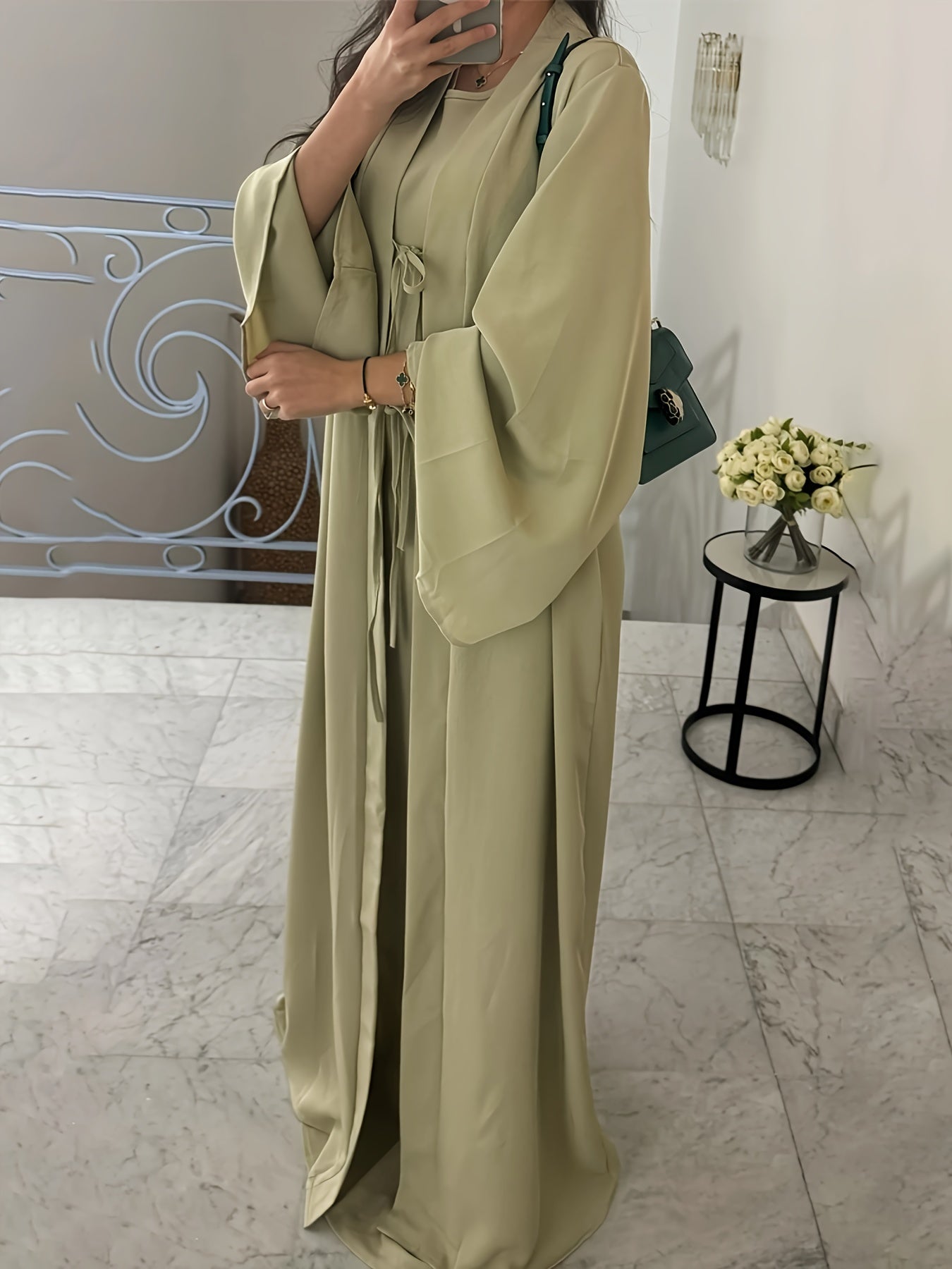 Chic Dress and Tie-Neck Cardigan Two-Piece Set