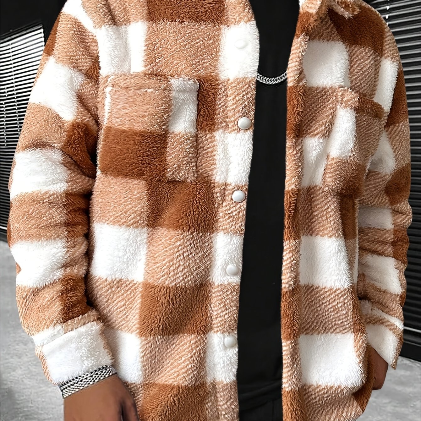Men's Cozy Plaid Fleece Jacket - Casual Button-Up with Lapel Collar, Long Sleeves for Winter Warmth
