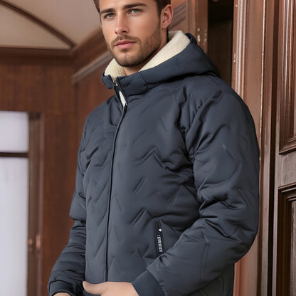 Men'S Heavy-Duty Winter Jacket - Thermal Insulated Cold Weather Coat with Full-Zip Closure, Hooded Collar, Polyester Lining - Black Outerwear for Business, Casual, Outdoor - Easy-Care Non-Stretch Fabric - Fall/Winter Jacket f