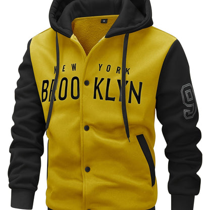Men'S New Fall/Winter Casual Printed Hooded Baseball Jacket, Knitted Fabric, Regular Fit, Long Sleeve, Letter Pattern, Pocket, Single Button Closure, Daily & Leisure Wear