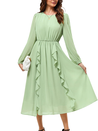 Womens Long Sleeve Wedding Guest Dresses Flowy Chiffon Ruffled A Line Midi Dresses 2024 Fall Casual Long Dress