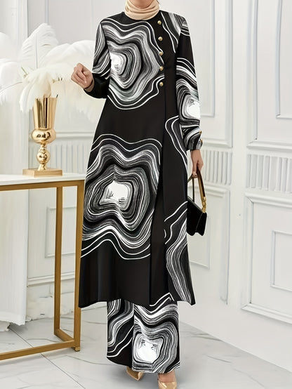Ramadan, Women Button-Decorated Solid Color Long Sleeve Top & Pants Set, Arabic Style Clothing, Only Clothes, Without Headscarf