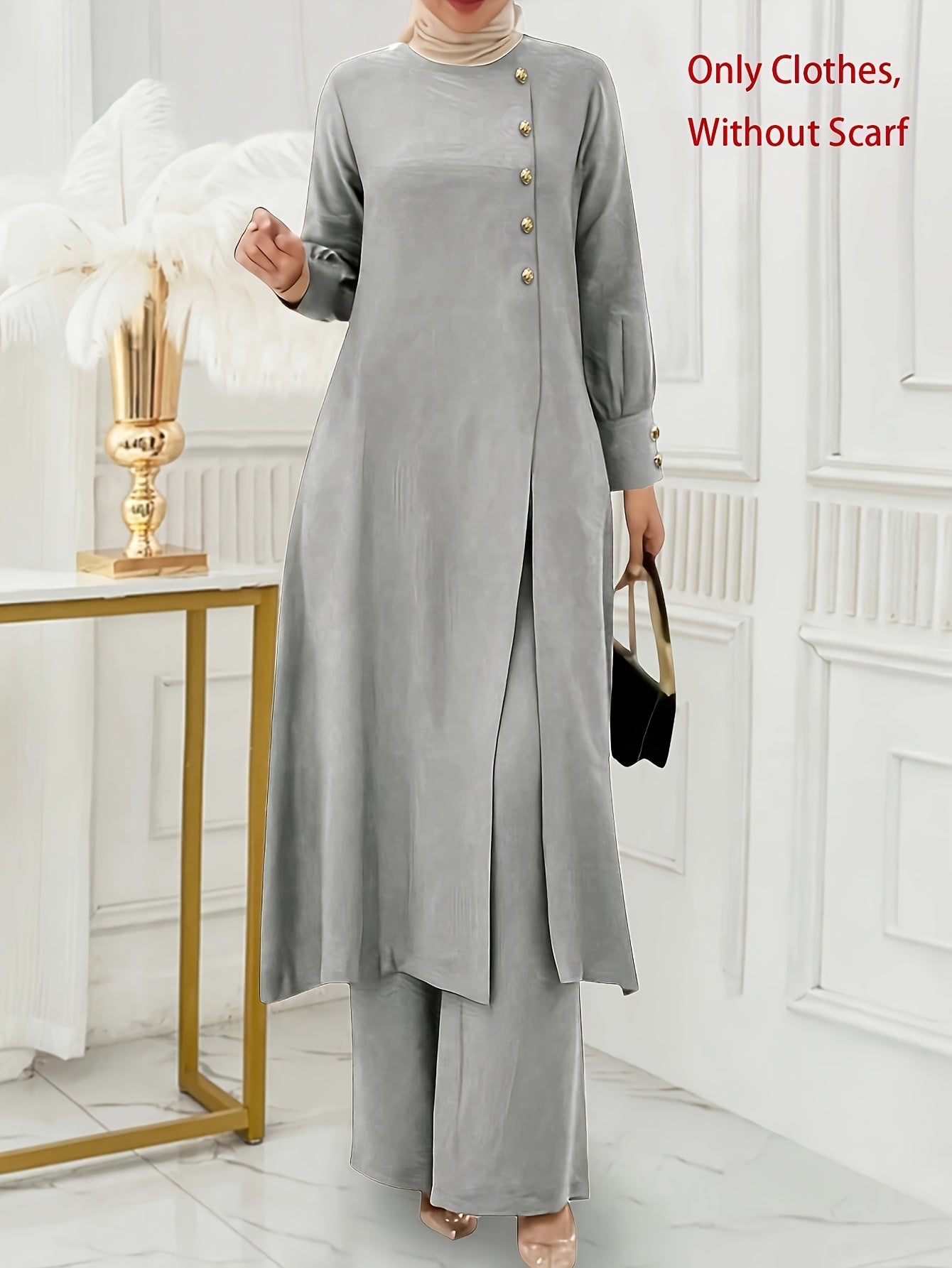 Ramadan Women'S Solid Color Button Design Long Sleeve Top and Pants Set, Arabic Style, Polyester, with Faux Button Detail, for All Seasons