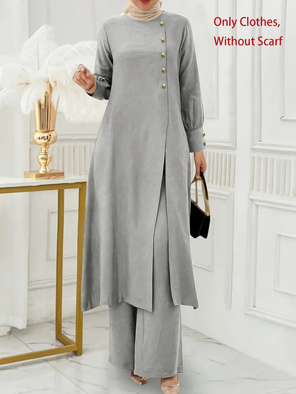 Ramadan Women'S Solid Color Button Design Long Sleeve Top and Pants Set, Arabic Style, Polyester, with Faux Button Detail, for All Seasons