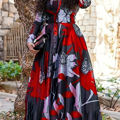 [Elegant Floral Dress] Elegant Floral Print Women's Long Dress | V-Neck, Ruching, Machine Washable, All-Season, Versatile, Casual to Formal Wear, Nontransparent Fabric