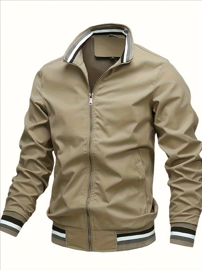 Men'S Retro Hip-Hop Baseball Jacket - Casual Sports Bomber with Stand Collar Zipper, Polyester Fabric - Perfect for Fall and Winter, Casual Weekend Wear, Casual Jacket|Hip Hop Style|Zippered Jacket