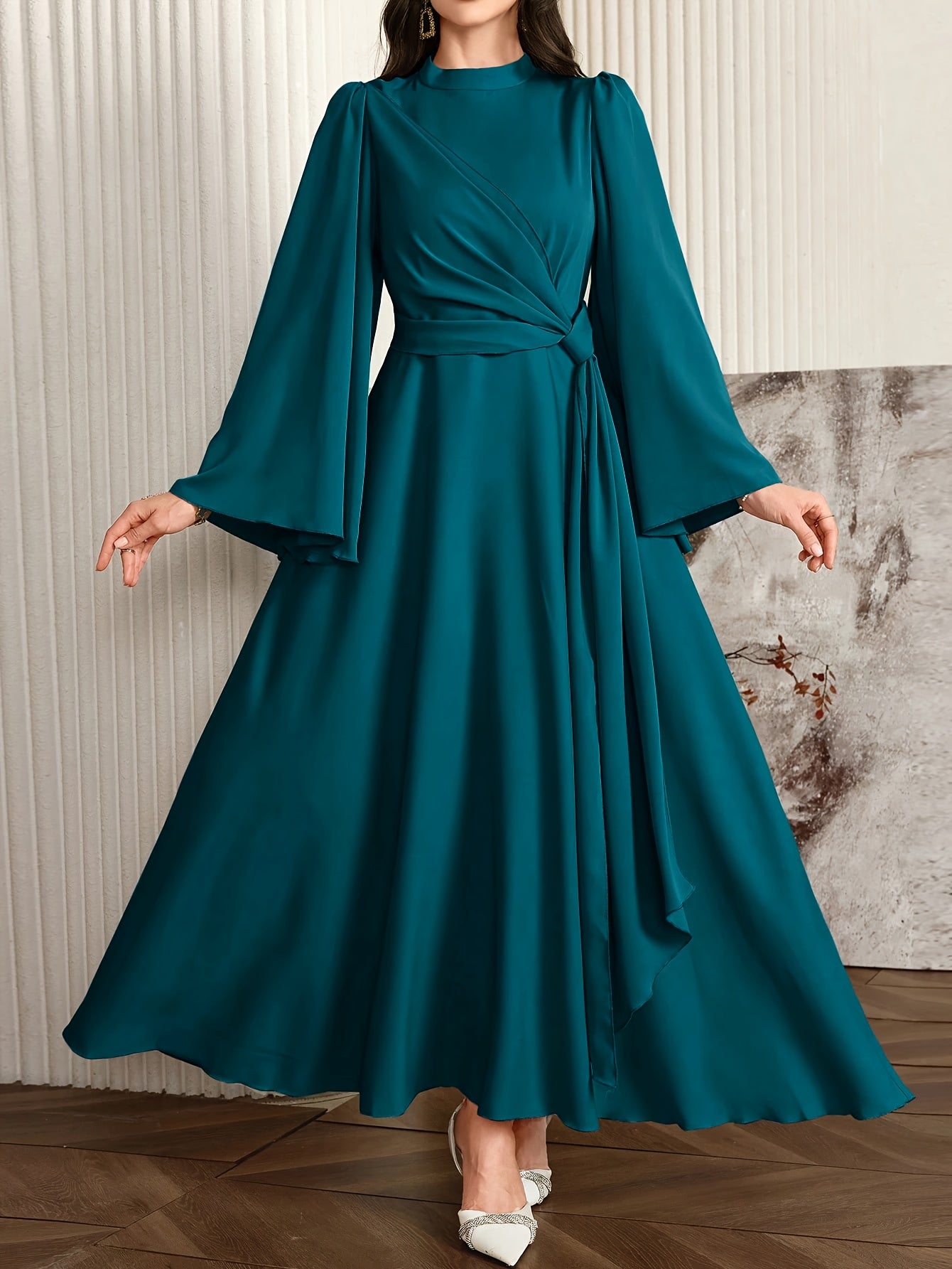 Elegant Teal Asymmetrical Long Dress with Bell Sleeves and High Neckline - Flowing A-Line Silhouette, Perfect for Formal Events, Formal Event Attire|Asymmetrical Hemline|Polyester Fabric