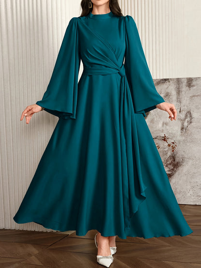 Elegant Teal Asymmetrical Long Dress with Bell Sleeves and High Neckline - Flowing A-Line Silhouette, Perfect for Formal Events, Formal Event Attire|Asymmetrical Hemline|Polyester Fabric