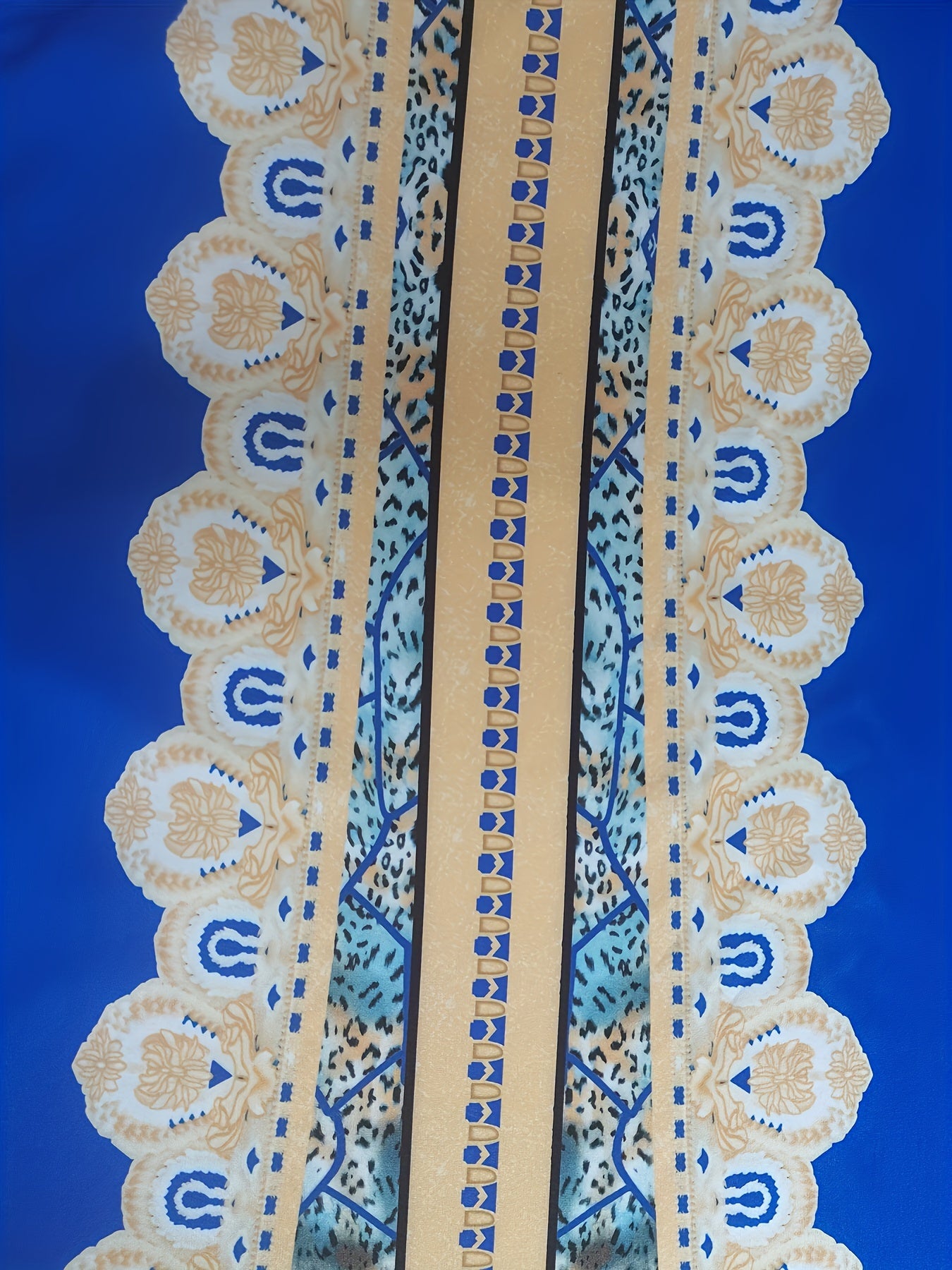 1pc Elegant Middle Eastern Tribal Print Kaftan Dress - Polyester Long Sleeve Square Neck with Belt Detail, Fitted A-Line Silhouette for Spring/Summer/Fall