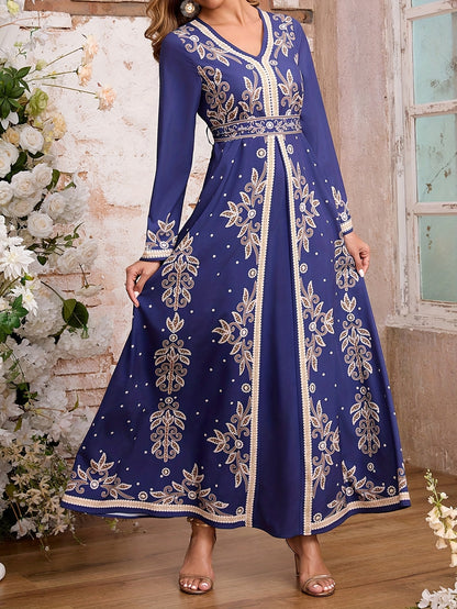 Women's Elegant Arabic Abaya Dress - Long Formal Muslim Wedding Gown with Floral Print, Navy Blue & Golden Islamic Rope for Everyday & Special Occasions - Machine Washable Non-See Through Islamic Clothing, Muslim Dress, Highq