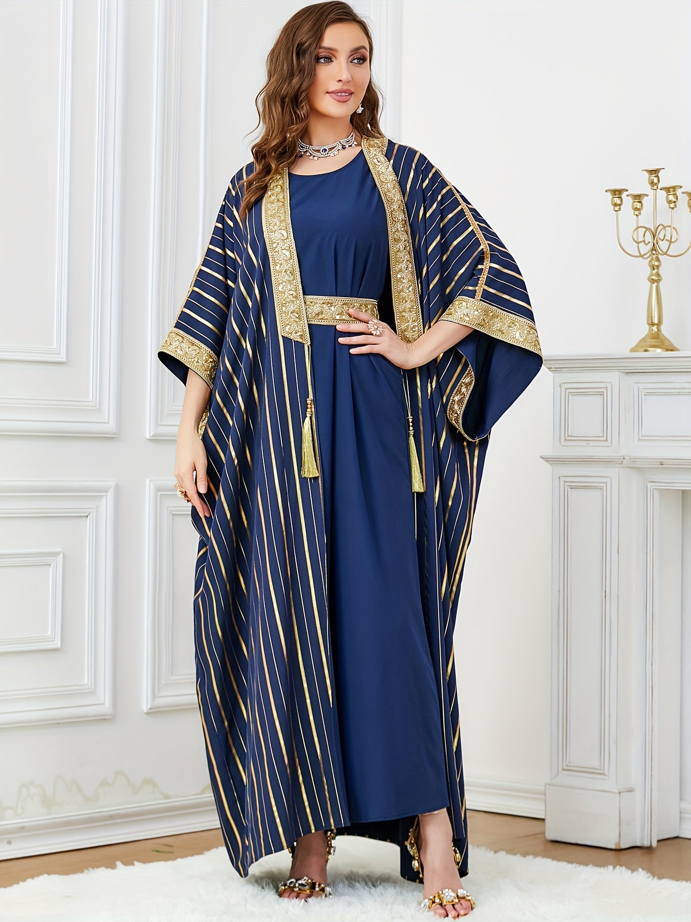 Oriented Spot Middle East Dubai Muslim Women's Abaya Four Seasons Round Neck Ramadan New Long Dress Regular Fit Ultra Thick Texture Super Soft Fabric Open Front Two-Piece Set Golden Belt Craft Flared Sleeve Lightweight Elegan