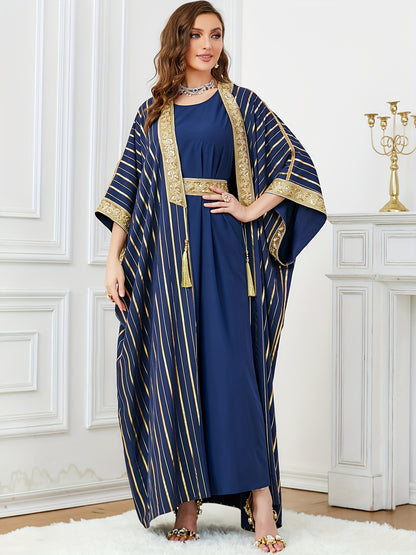 Oriented Spot Middle East Dubai Muslim Women's Abaya Four Seasons Round Neck Ramadan New Long Dress Regular Fit Ultra Thick Texture Super Soft Fabric Open Front Two-Piece Set Golden Belt Craft Flared Sleeve Lightweight Elegan