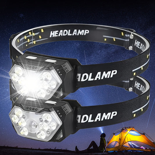 2pcs Super Bright 11000LUMEN Rechargeable Headlamp, Motion Sensor with 6 Lighting Modes for Outdoor Fishing & Camping, 9LED, White Red Light Flashlights