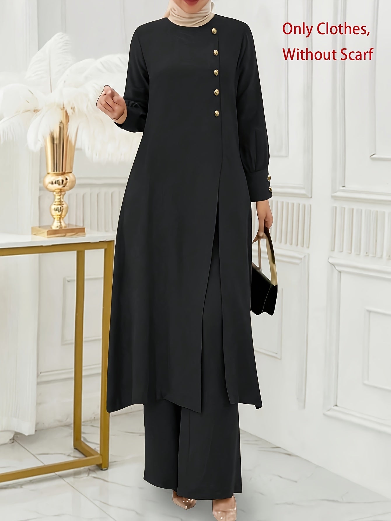 Ramadan Women'S Solid Color Button Design Long Sleeve Top and Pants Set, Arabic Style, Polyester, with Faux Button Detail, for All Seasons