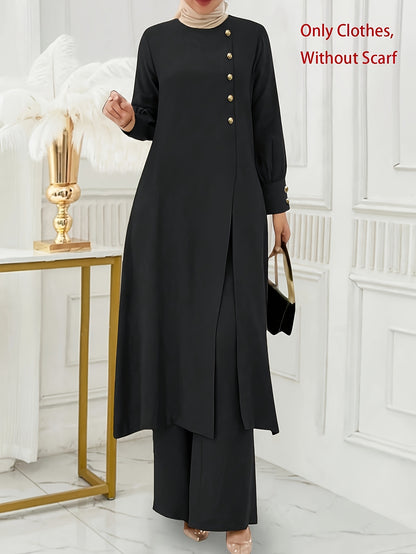 Ramadan Women'S Solid Color Button Design Long Sleeve Top and Pants Set, Arabic Style, Polyester, with Faux Button Detail, for All Seasons