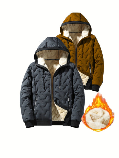 Two-Tone! 1pc Men's Autumn/Winter Thickened Hooded Jacket, Essential Winter Coat with Fleece Lining – Windproof & Warm Casual Workwear for Daily Outings, Commuting, Outdoor Activities, and Sports