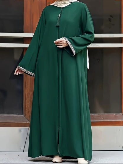 Middle Eastern Muslim Solid Color Zippered Tassel Round Neck Long Sleeve Sequined Women's Casual Abaya & No Headscarf