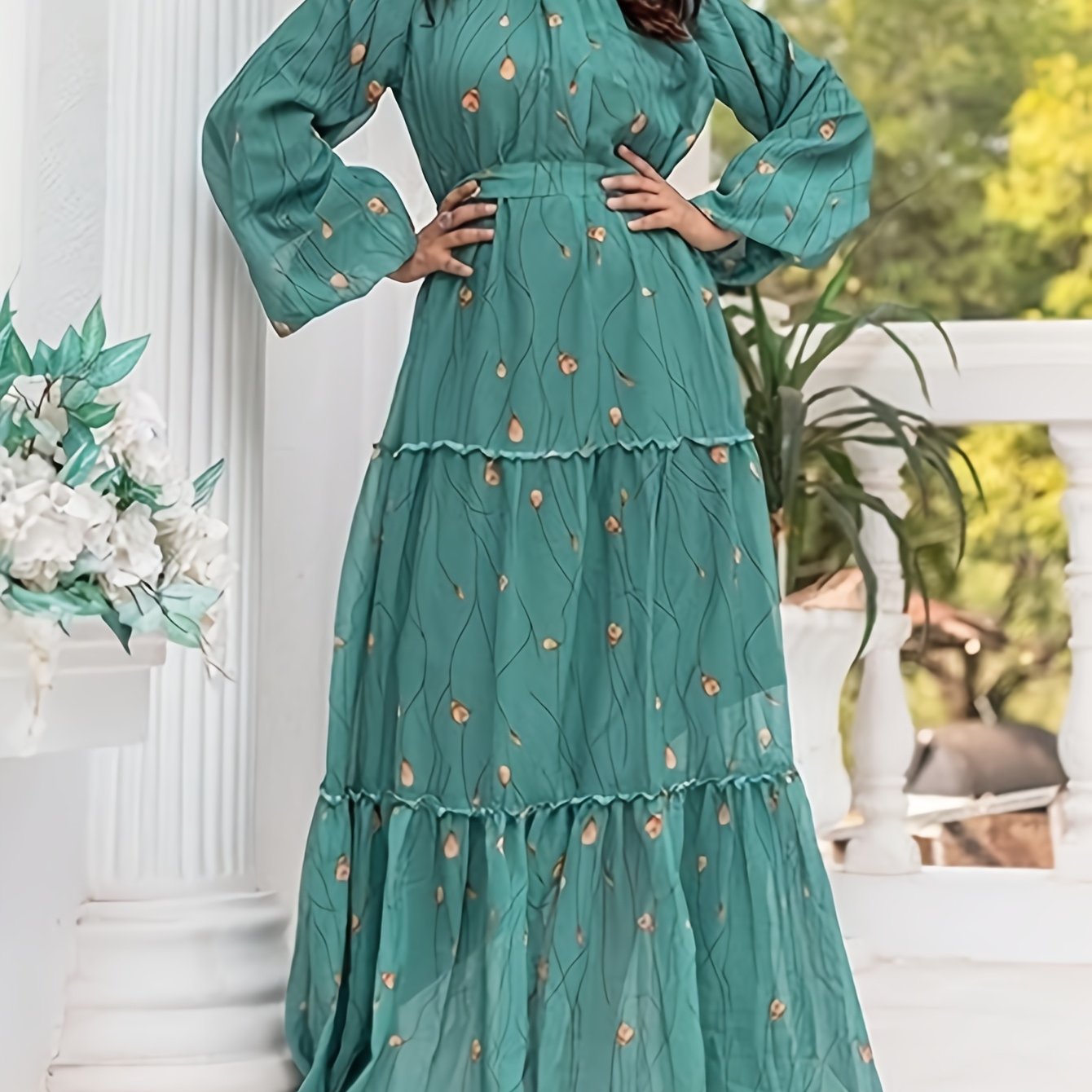 Women's Elegant Turquoise Green Boho Maxi Dress with Puffed Sleeve & A-Line Silhouette - Floor-Length Formal & Everyday Traditional Indian-Inspired Long Dress, Machine Washable for Weddings, Parties, Festivals, Dress for Wome