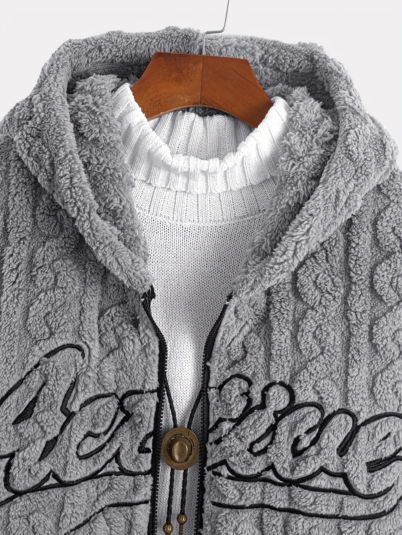 1pc Men'S Fleece Hooded Zip-Up Jacket with Embroidered Lettering - Cozy Double-Sided Plush, Long Sleeve, Regular Fit, Fall/Winter Casual Outerwear, Casual Winter Wear | Embroidered Lettering Jacket | Plush Fleece Jacket, Thic