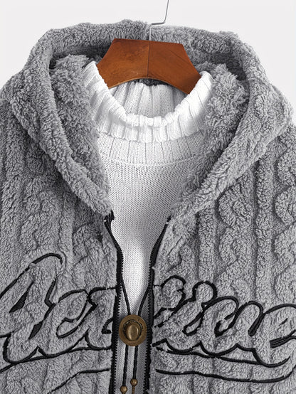 1pc Men'S Fleece Hooded Zip-Up Jacket with Embroidered Lettering - Cozy Double-Sided Plush, Long Sleeve, Regular Fit, Fall/Winter Casual Outerwear, Casual Winter Wear | Embroidered Lettering Jacket | Plush Fleece Jacket, Thic