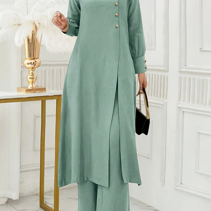 Ramadan Women'S Solid Color Button Design Long Sleeve Top and Pants Set, Arabic Style, Polyester, with Faux Button Detail, for All Seasons