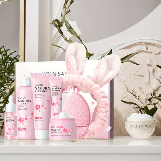 【7pcs Skin Care Set: Toner 5.41oz; Essence 1.01oz; Facial Cleanser 100g; Face Cream 50g; Eye Cream 30g; Hairband; Cleansing Sponge】LAIKOU JAPAN SAKURA SKINCARE SET With Hairband And Cleansing Sponge