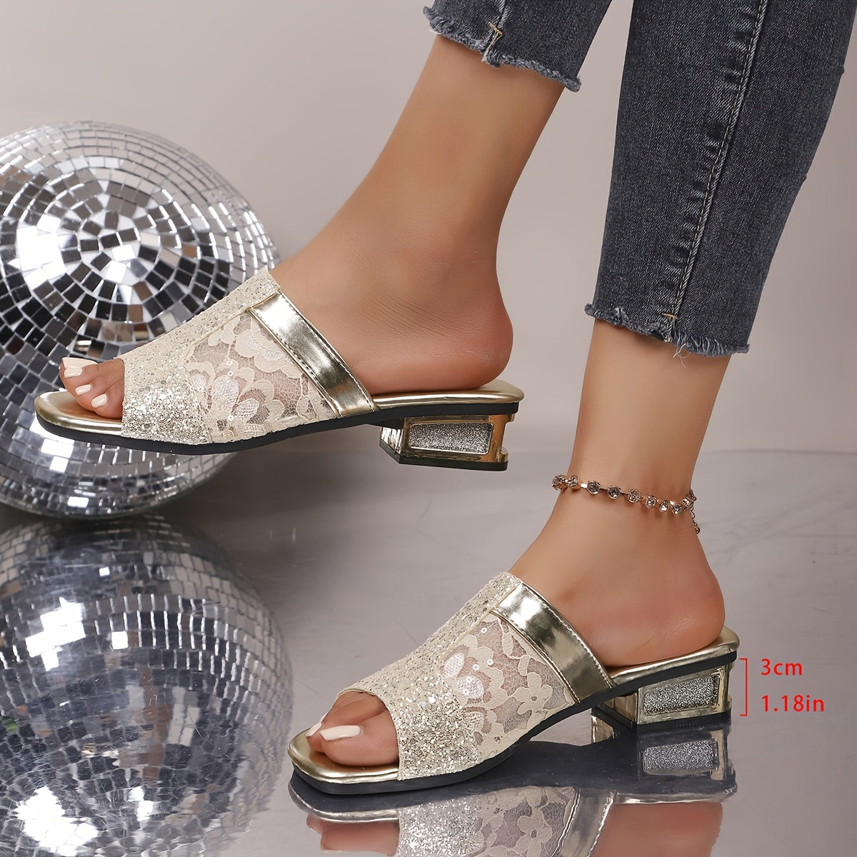 Women'S Glittery Mesh Shoes with Golden-Tone Metallic Accents - Breathable Open-Toe Slip-Ons, Non-Slip Rubber Sole for Travel, Vacation, Daily Wear & Festivals, Festival Footwear, Decorative Embellishments, Comfortable PU Ins