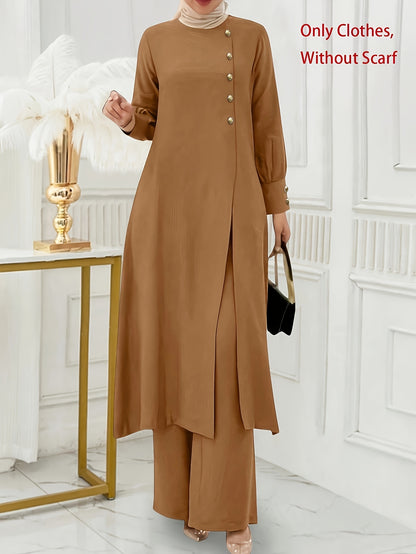 Ramadan Women'S Solid Color Button Design Long Sleeve Top and Pants Set, Arabic Style, Polyester, with Faux Button Detail, for All Seasons