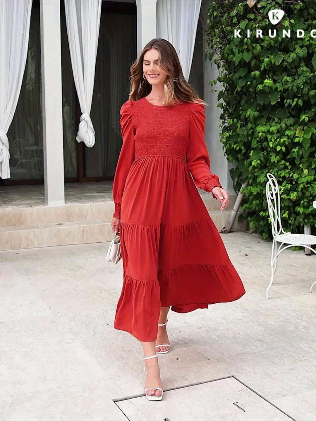 Women's Fall Wedding Guest Dress Long-sleeved Extra-long Dress Casual Crew-neck Pleated A-line Flowing Dress